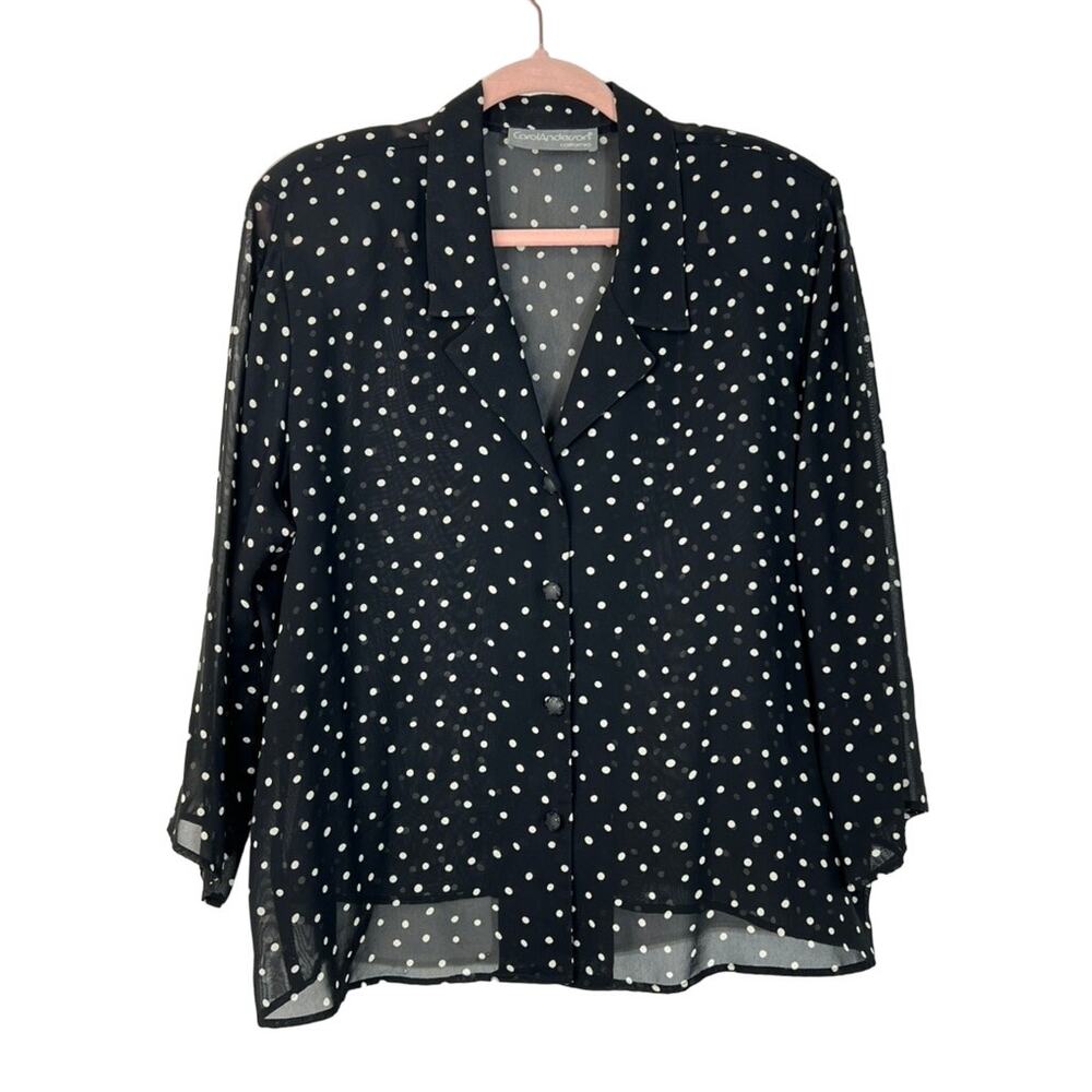 VTG Carol Anderson CA Black w/ White Polka Dots Button Up‎ Sheer Blouse Size M